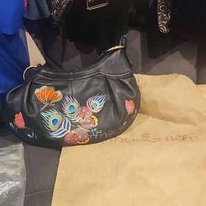Anuschka Black Shoulder Bag with Vibrant Hand-Painted Design